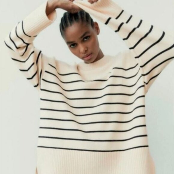 Zara Breton Stripe Cream and Black Sweater - Size Medium to L:arge - Picture 2 of 12